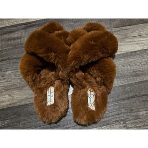Jessica Simpson Faux Fur Fuzzy Memory Foam Slippers 9-10 XL Brown Slip On Slides